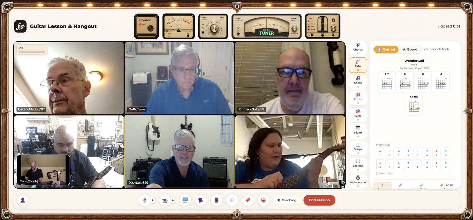 A JamFast Live class: five players on camera, with the tuner and coach tools around them