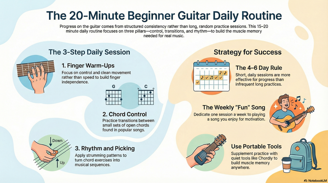 Illustration showing a 20 minute beginner guitar practice routine focused on consistency, finger warm ups, chord transitions, rhythm, and daily practice habits.