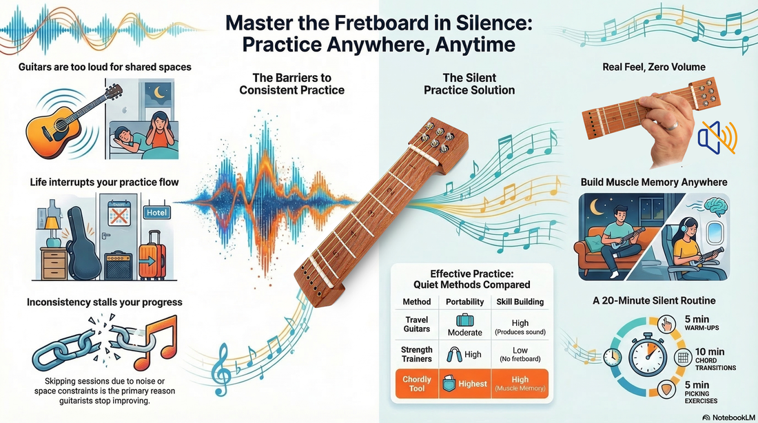 portable guitar practice tool Chordly infographic showing how to practice guitar silently anywhere